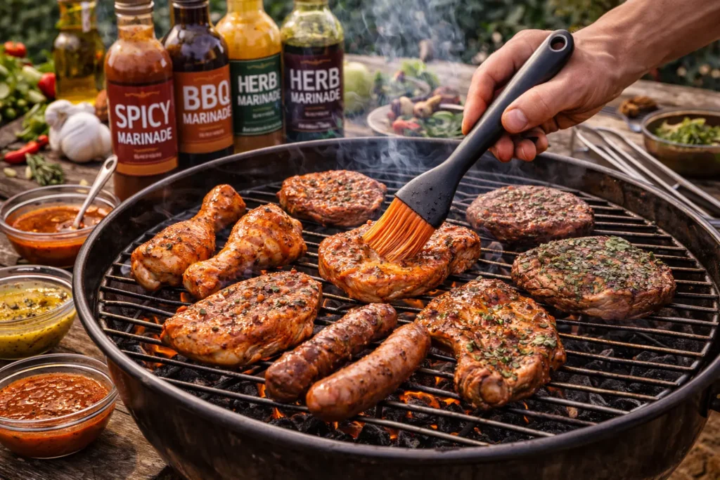 Vlees op de bbq, bestreken met marinade
