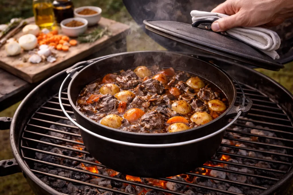 Een dutch oven op de barbecue, maar deze mag ook in het vuur