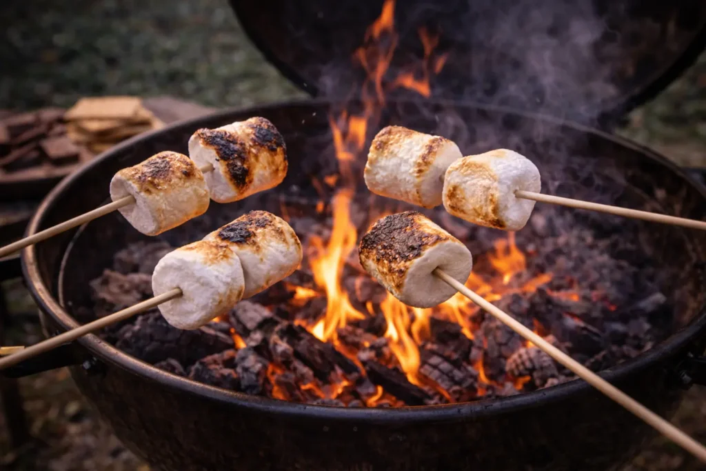 Het roosteren van marshmallows op de bbq