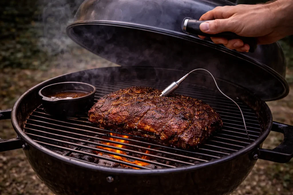 Gaar rustig vlees op de bbq met slowcooking