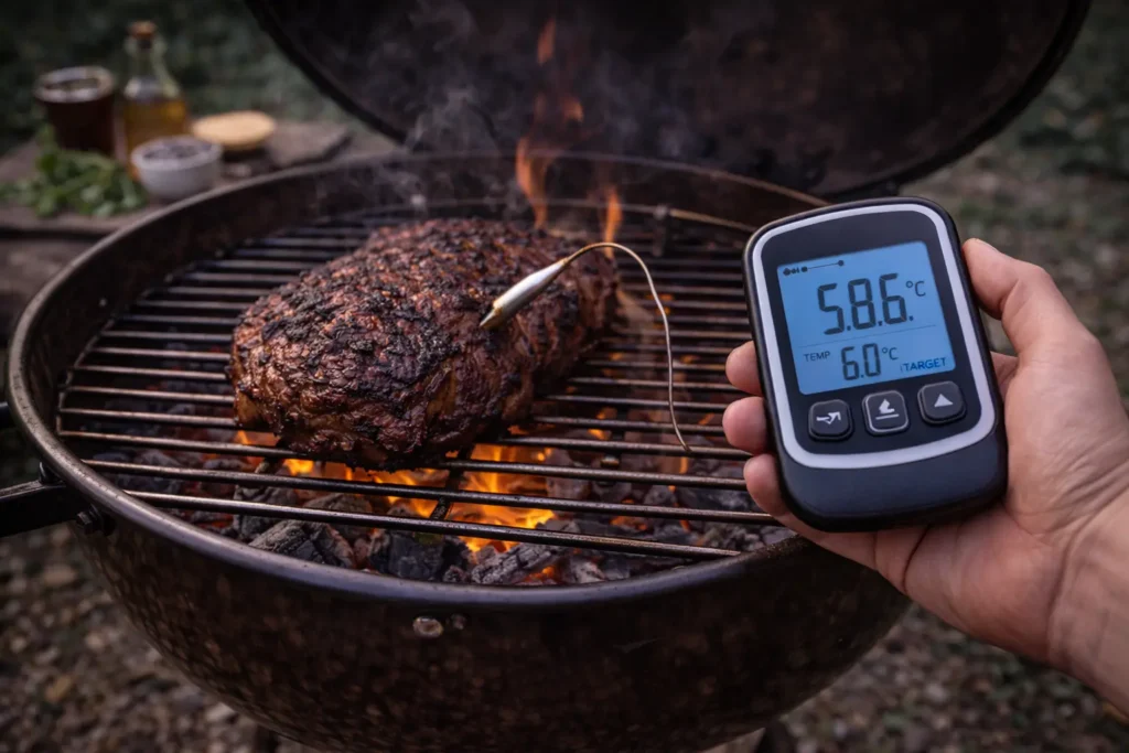 Gebruik een vleesthermometer om de voortgang van het grillen bij te houden