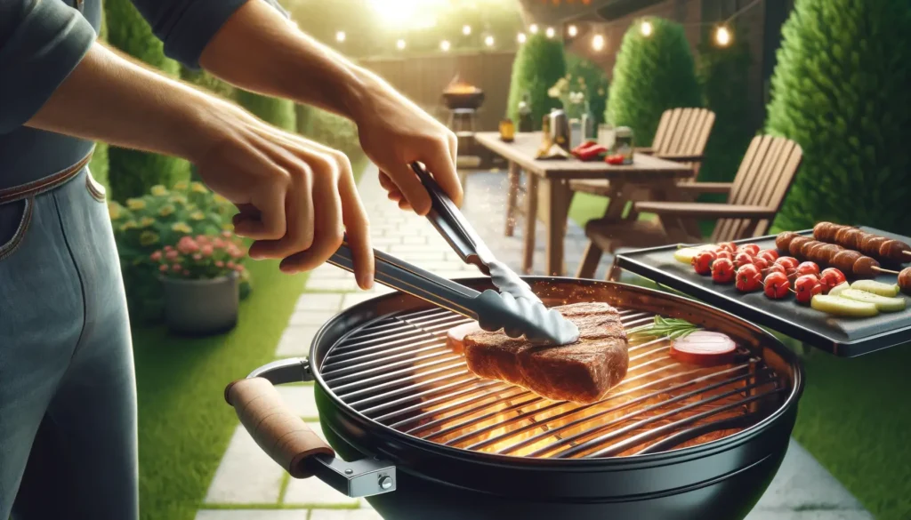 Het draaien van het vlees op de barbecue